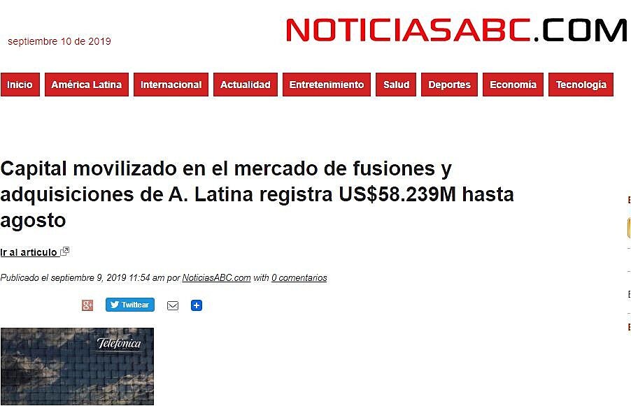 Capital movilizado en el mercado de fusiones y adquisiciones de A. Latina registra US$58.239M hasta agosto